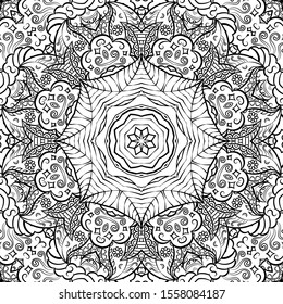 Seamless tracery tile mehndi design. Ethnic ornament, doodle symmetry texture. Folk traditional spiritual tribal design. Curved doodling motif. Binary monochrome black and white art. Vector