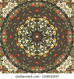 Seamless tracery tile mehndi design. Ethnic ornament, colorful doodle symmetry texture. Folk traditional spiritual tribal design. Curved doodling motif. Color art. Vector