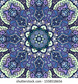 Seamless tracery tile mehndi design. Ethnic ornament, colorful doodle symmetry texture. Folk traditional spiritual tribal design. Curved doodling motif. Color art. Vector