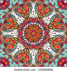 Seamless tracery tile mehndi design. Ethnic ornament, colorful doodle symmetry texture. Folk traditional spiritual tribal design. Curved doodling motif. Color art. Vector