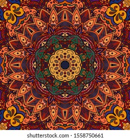Seamless tracery tile mehndi design. Ethnic ornament, colorful doodle symmetry texture. Folk traditional spiritual tribal design. Curved doodling motif. Color art. Vector