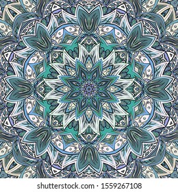 Seamless tracery tile mehndi design. Ethnic ornament, colorful doodle symmetry texture. Folk traditional spiritual tribal design. Curved doodling motif. Color art. Vector