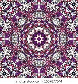 Seamless tracery tile mehndi design. Ethnic ornament, colorful doodle symmetry texture. Folk traditional spiritual tribal design. Curved doodling motif. Color art. Vector