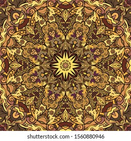 Seamless tracery tile mehndi design. Ethnic ornament, colorful doodle symmetry texture. Folk traditional spiritual tribal design. Curved doodling motif. Color art. Vector