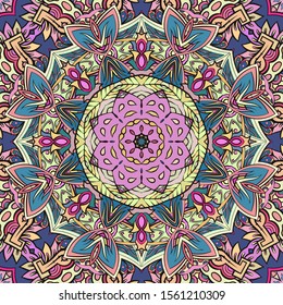 Seamless tracery tile mehndi design. Ethnic ornament, colorful doodle symmetry texture. Folk traditional spiritual tribal design. Curved doodling motif. Color art. Vector