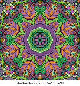 Seamless tracery tile mehndi design. Ethnic ornament, colorful doodle symmetry texture. Folk traditional spiritual tribal design. Curved doodling motif. Color art. Vector