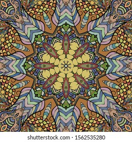 Seamless tracery tile mehndi design. Ethnic ornament, colorful doodle symmetry texture. Folk traditional spiritual tribal design. Curved doodling motif. Color art. Vector