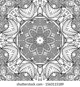 Seamless tracery tile mehndi design. Ethnic ornament, doodle symmetry texture. Folk traditional spiritual tribal design. Curved doodling motif. Binary monochrome black and white art. Vector
