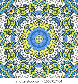 Seamless tracery tile mehndi design. Ethnic ornament, colorful doodle symmetry texture. Folk traditional spiritual tribal design. Curved doodling motif. Color art. Vector