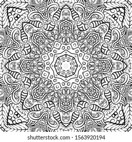 Seamless tracery tile mehndi design. Ethnic ornament, doodle symmetry texture. Folk traditional spiritual tribal design. Curved doodling motif. Binary monochrome black and white art. Vector
