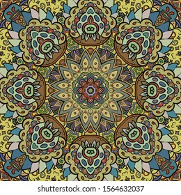 Seamless tracery tile mehndi design. Ethnic ornament, colorful doodle symmetry texture. Folk traditional spiritual tribal design. Curved doodling motif. Color art. Vector