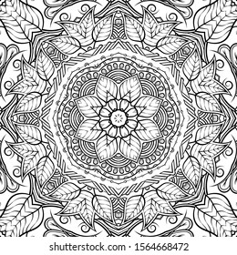 Seamless tracery tile mehndi design. Ethnic ornament, doodle symmetry texture. Folk traditional spiritual tribal design. Curved doodling motif. Binary monochrome black and white art. Vector
