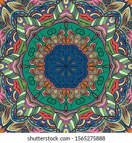 Seamless tracery tile mehndi design. Ethnic ornament, colorful doodle symmetry texture. Folk traditional spiritual tribal design. Curved doodling motif. Color art. Vector