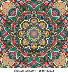 Seamless tracery tile mehndi design. Ethnic ornament, colorful doodle symmetry texture. Folk traditional spiritual tribal design. Curved doodling motif. Color art. Vector