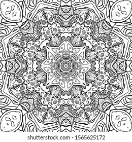 Seamless tracery tile mehndi design. Ethnic ornament, doodle symmetry texture. Folk traditional spiritual tribal design. Curved doodling motif. Binary monochrome black and white art. Vector