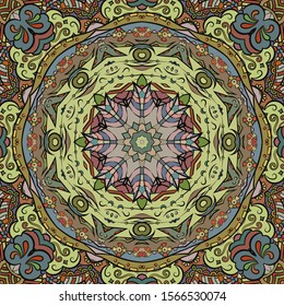 Seamless tracery tile mehndi design. Ethnic ornament, colorful doodle symmetry texture. Folk traditional spiritual tribal design. Curved doodling motif. Color art. Vector