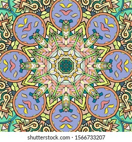 Seamless tracery tile mehndi design. Ethnic ornament, colorful doodle symmetry texture. Folk traditional spiritual tribal design. Curved doodling motif. Color art. Vector