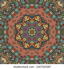 Seamless tracery tile mehndi design. Ethnic ornament, colorful doodle symmetry texture. Folk traditional spiritual tribal design. Curved doodling motif. Color art. Vector