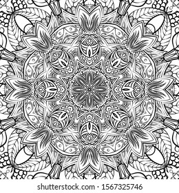 Seamless tracery tile mehndi design. Ethnic ornament, doodle symmetry texture. Folk traditional spiritual tribal design. Curved doodling motif. Binary monochrome black and white art. Vector