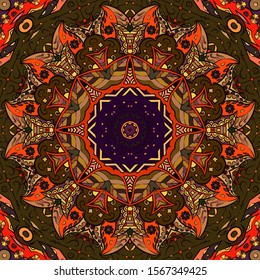 Seamless tracery tile mehndi design. Ethnic ornament, colorful doodle symmetry texture. Folk traditional spiritual tribal design. Curved doodling motif. Color art. Vector