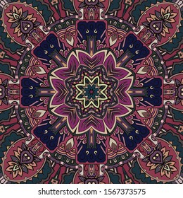 Seamless tracery tile mehndi design. Ethnic ornament, colorful doodle symmetry texture. Folk traditional spiritual tribal design. Curved doodling motif. Color art. Vector