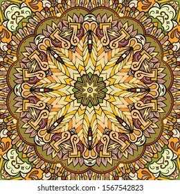 Seamless tracery tile mehndi design. Ethnic ornament, colorful doodle symmetry texture. Folk traditional spiritual tribal design. Curved doodling motif. Color art. Vector
