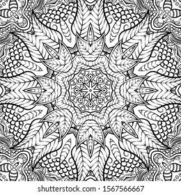 Seamless tracery tile mehndi design. Ethnic ornament, doodle symmetry texture. Folk traditional spiritual tribal design. Curved doodling motif. Binary monochrome black and white art. Vector