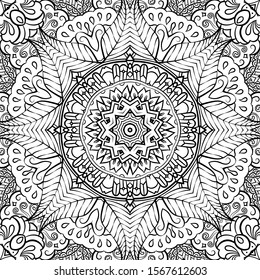 Seamless tracery tile mehndi design. Ethnic ornament, doodle symmetry texture. Folk traditional spiritual tribal design. Curved doodling motif. Binary monochrome black and white art. Vector