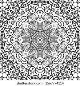 Seamless tracery tile mehndi design. Ethnic ornament, doodle symmetry texture. Folk traditional spiritual tribal design. Curved doodling motif. Binary monochrome black and white art. Vector