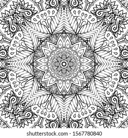Seamless tracery tile mehndi design. Ethnic ornament, doodle symmetry texture. Folk traditional spiritual tribal design. Curved doodling motif. Binary monochrome black and white art. Vector