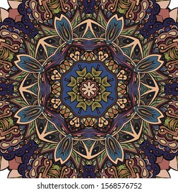 Seamless tracery tile mehndi design. Ethnic ornament, colorful doodle symmetry texture. Folk traditional spiritual tribal design. Curved doodling motif. Color art. Vector