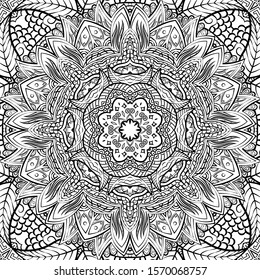 Seamless tracery tile mehndi design. Ethnic ornament, doodle symmetry texture. Folk traditional spiritual tribal design. Curved doodling motif. Binary monochrome black and white art. Vector