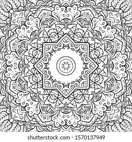Seamless tracery tile mehndi design. Ethnic ornament, doodle symmetry texture. Folk traditional spiritual tribal design. Curved doodling motif. Binary monochrome black and white art. Vector