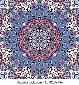Seamless tracery tile mehndi design. Ethnic ornament, colorful doodle symmetry texture. Folk traditional spiritual tribal design. Curved doodling motif. Color art. Vector
