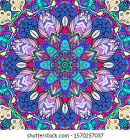 Seamless tracery tile mehndi design. Ethnic ornament, colorful doodle symmetry texture. Folk traditional spiritual tribal design. Curved doodling motif. Color art. Vector