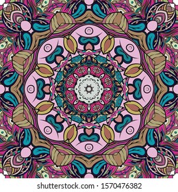 Seamless tracery tile mehndi design. Ethnic ornament, colorful doodle symmetry texture. Folk traditional spiritual tribal design. Curved doodling motif. Color art. Vector