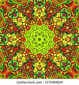 Seamless tracery tile mehndi design. Ethnic ornament, colorful doodle symmetry texture. Folk traditional spiritual tribal design. Curved doodling motif. Color art. Vector