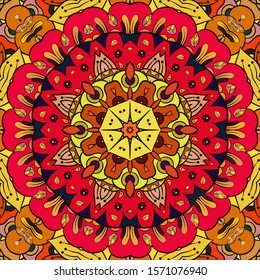 Seamless tracery tile mehndi design. Ethnic ornament, colorful doodle symmetry texture. Folk traditional spiritual tribal design. Curved doodling motif. Color art. Vector