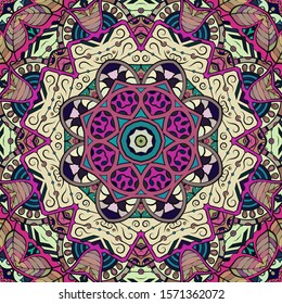 Seamless tracery tile mehndi design. Ethnic ornament, colorful doodle symmetry texture. Folk traditional spiritual tribal design. Curved doodling motif. Color art. Vector