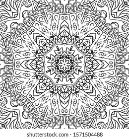 Seamless tracery tile mehndi design. Ethnic ornament, doodle symmetry texture. Folk traditional spiritual tribal design. Curved doodling motif. Binary monochrome black and white art. Vector
