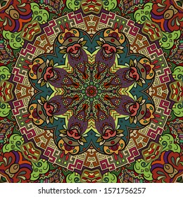 Seamless tracery tile mehndi design. Ethnic ornament, colorful doodle symmetry texture. Folk traditional spiritual tribal design. Curved doodling motif. Color art. Vector