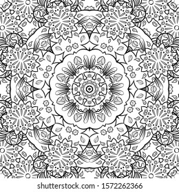 Seamless tracery tile mehndi design. Ethnic ornament, doodle symmetry texture. Folk traditional spiritual tribal design. Curved doodling motif. Binary monochrome black and white art. Vector