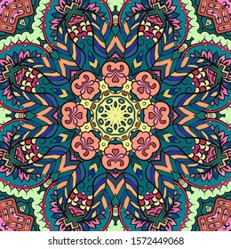 Seamless tracery tile mehndi design. Ethnic ornament, colorful doodle symmetry texture. Folk traditional spiritual tribal design. Curved doodling motif. Color art. Vector