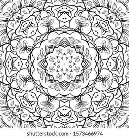 Seamless tracery tile mehndi design. Ethnic ornament, doodle symmetry texture. Folk traditional spiritual tribal design. Curved doodling motif. Binary monochrome black and white art. Vector