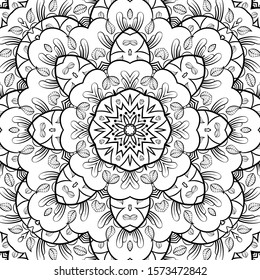 Seamless tracery tile mehndi design. Ethnic ornament, doodle symmetry texture. Folk traditional spiritual tribal design. Curved doodling motif. Binary monochrome black and white art. Vector