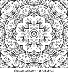 Seamless tracery tile mehndi design. Ethnic ornament, doodle symmetry texture. Folk traditional spiritual tribal design. Curved doodling motif. Binary monochrome black and white art. Vector