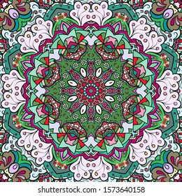 Seamless tracery tile mehndi design. Ethnic ornament, colorful doodle symmetry texture. Folk traditional spiritual tribal design. Curved doodling motif. Color art. Vector