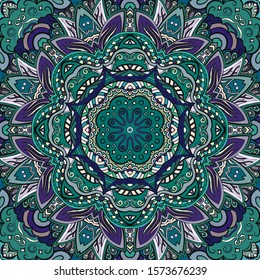 Seamless tracery tile mehndi design. Ethnic ornament, colorful doodle symmetry texture. Folk traditional spiritual tribal design. Curved doodling motif. Color art. Vector