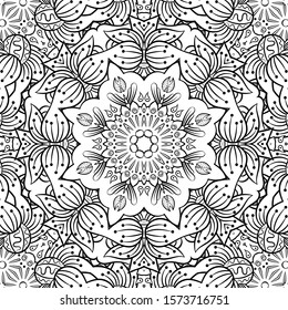 Seamless tracery tile mehndi design. Ethnic ornament, doodle symmetry texture. Folk traditional spiritual tribal design. Curved doodling motif. Binary monochrome black and white art. Vector