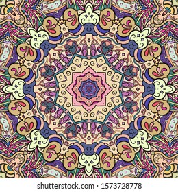 Seamless tracery tile mehndi design. Ethnic ornament, colorful doodle symmetry texture. Folk traditional spiritual tribal design. Curved doodling motif. Color art. Vector
